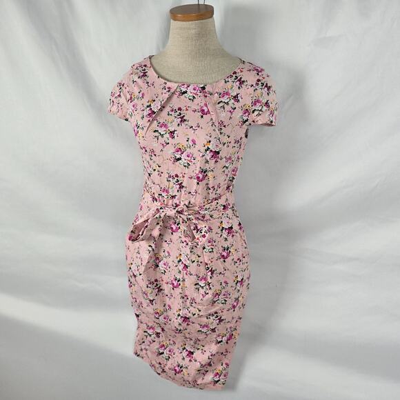 Rummies Dress Women's 6 Pink Floral Mini Short Cap Sleeve Tie Round Neck Zipper - Picture 16 of 16